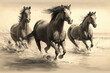 sketch of horses running along the beach, ai generated
