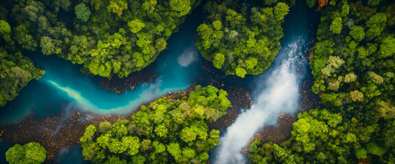 Aerial view of a tropical rainforest. Clouds of fog over a river in the jungle. Generative AI