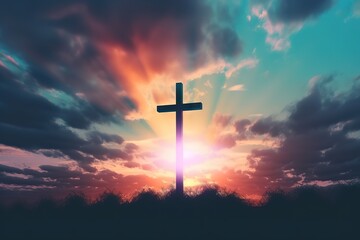 Concept of Jesus Christ: white cross on sunset sky background. Generative AI