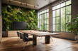© Karrrtinki - Eco-friendly Office Meeting Room interior with Biophilic Design Elements. Big blank TV screen. Generative AI