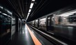  a subway train is moving through a subway station at night.  generative ai