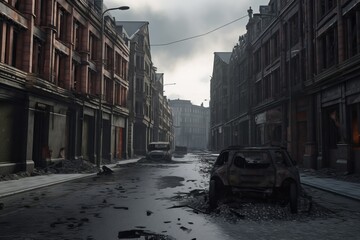 Wall Mural - UK streets of London after a military strike. Dramatic scenes of destruction and human loss.