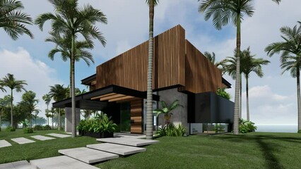 Wall Mural - 4K video rendering of modern cozy house with parking and pool for sale or rent with wood plank facade by the sea or ocean. Sunny day by the coast with palm and flowers in tropical island Fly-walk