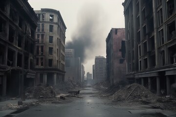 UK streets of London after a military strike. Dramatic scenes of destruction and human loss.