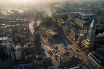 Wall Mural - UK streets of London after a military strike. Dramatic scenes of destruction and human loss.