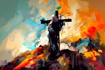 Wall Mural - Jesus Christ on the cross - on the Calvary Hill Abstract artistic religious illustration of Good Friday. Generative AI