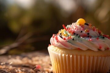 Wall Mural - Cupcake with pink frosting and sprinkles, generative ai