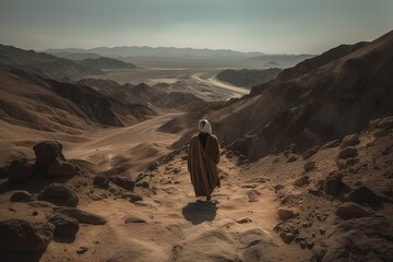 Moses in the Wilderness The biblical Moses walks through the Sinai desert, a wilderness area, in search of the Promised Land Good Friday. Generative AI