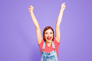 Sticker - Portrait of nice vivid girlish red straight-haired glad happy smiling young girl with opened mouth, raising hands up, isolated over blue background