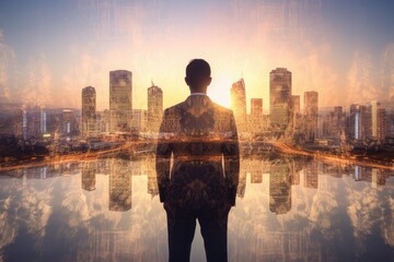 business man standing during sunrise overlay with cityscape image - double exposure