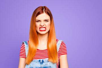 Wall Mural - Don't come closer to me Today is pms Close up photo portrait of upset dissatisfied person showing white teeth red lipstick isolated bright vivid background