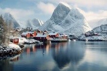 Fishing Harbor, Reine, Norway, Dramatic Lofoten Islands, Red Rorbu Cabins, Generative AI