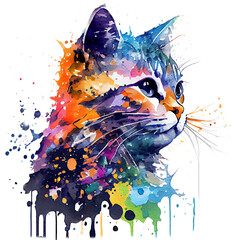 illustration cat face with colorful splashes, Can be used for the logo, t-shirt design, posters, banners, greetings, print design, generative ai