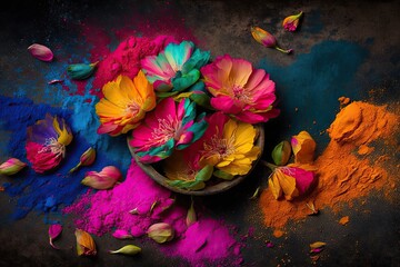 Wall Mural - bright multi-colored flowers thrown during traditional indian holiday of holi, created with generative ai