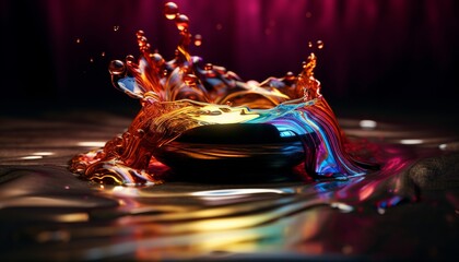 liquid colours splash on a surface dark background, drops flying a round, liquid rainbow, wallpaper