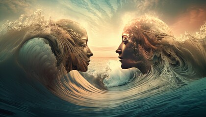 two woman face's, facing each other, both on top of a wave, time wise like sunset