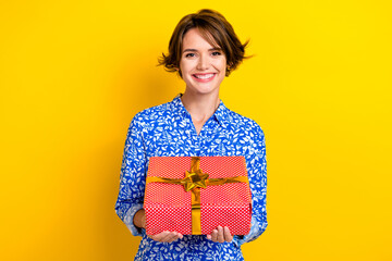 Wall Mural - Photo of sweet adorable woman dressed blue blouse holding red present box isolated yellow color background