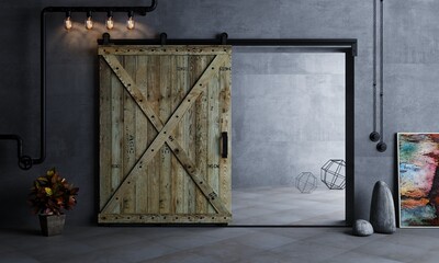 Wall Mural - Barn Sliding Wooden Door in Loft Room