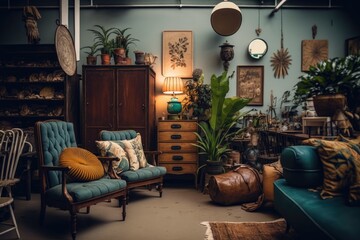 Poster - home decor shop with a selection of vintage and retro furniture, accessories, and decor, created with generative ai