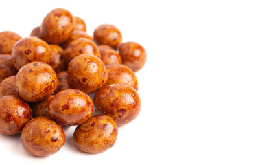 Wall Mural - Japaneese Peanuts Coated in Crunchy Rice Cracker and Soy Sauce Isolated on White Background