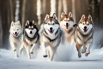 Wall Mural - group of huskies running through snow-covered forest, created with generative ai