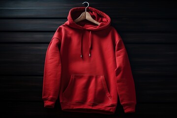 Wall Mural -  a red hoodie hanging on a hanger on a wooden wall.  generative ai