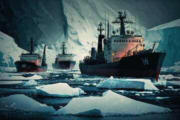 Poster - long icebreakers sailing on dark cold water of northern sea, created with generative ai