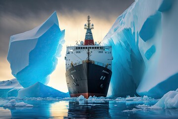 Sticker - icebreaker with powerful icebreaking prow crawls through thick polar icebergs, created with generative ai