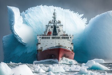 Canvas Print - large icebreaker on high seas breaking with propeller frozen ice, created with generative ai