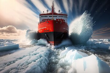 Sticker - icebreaker ship launches and breaks path through thick ice pack, created with generative ai