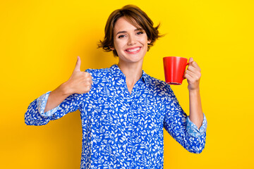 Wall Mural - Photo of cheerful adorable lady wear blue stylish clothes thumb up nice feedback cafe restaurant isolated on yellow color background