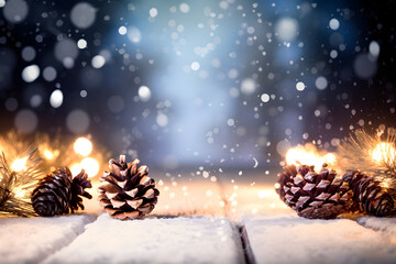  a snowy scene with pine cones and lights 