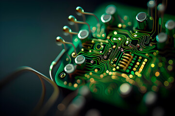 Poster - alien secret technologies, the chip on the green circuit board is drawn like a macro shot, generative ai