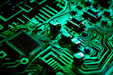 Poster - alien secret technologies, the chip on the green circuit board is drawn like a macro shot, generative ai