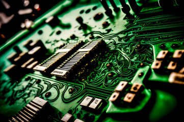 Poster - alien secret technologies, the chip on the green circuit board is drawn like a macro shot, generative ai
