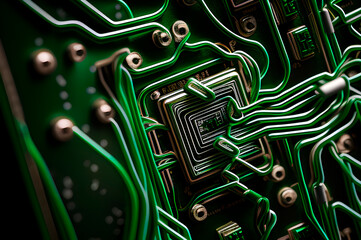 Poster - alien secret technologies, the chip on the green circuit board is drawn like a macro shot, generative ai