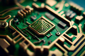 Poster - alien secret technologies, the chip on the green circuit board is drawn like a macro shot, generative ai