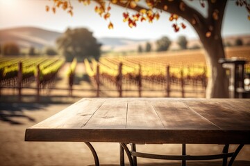 Wall Mural - Empty Product Display Table with a Winery Vinyard Background (Generative AI)