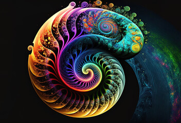 Wall Mural - Colorful spiral, fantasy color swirls, surreal fractal, light fractal, vortex, symbol on dark background. Generative Ai.