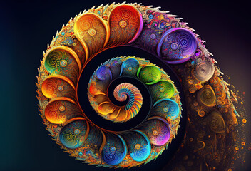 Wall Mural - Colorful spiral, fantasy color swirls, surreal fractal, light fractal, vortex, symbol on dark background. Generative Ai.