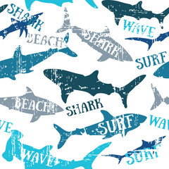 Wall Mural - Sharks silhouettes seamless pattern. Urban pattern. Pattern with abstract shark symbols, design elements. Can be used for invitations, greeting cards, scrapbooking, print, textile, manufacturing.