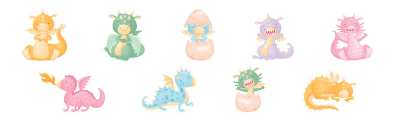 Sticker - Cute Dragons as Horned and Winged Four-legged Creature from Fairytale Vector Set