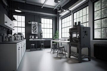 creative laboratory space with white and black industrial modern 4.0, created with generative ai