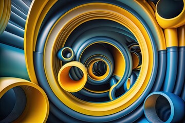 Poster - concentric pipes of modern industry 4.0 in blue yellow tones, created with generative ai