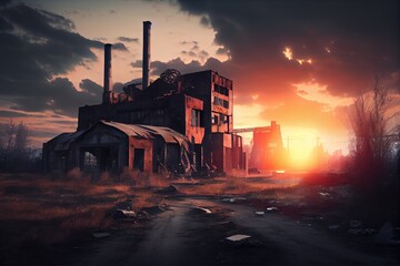 Sticker - industrial ruin with sun setting in the background, creating dramatic and moody scene, created with generative ai