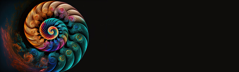 Wall Mural - Card with colorful spiral, fantasy color swirls on dark background, copy space with surreal fractal, light fractal, vortex, symbol. Generative Ai.