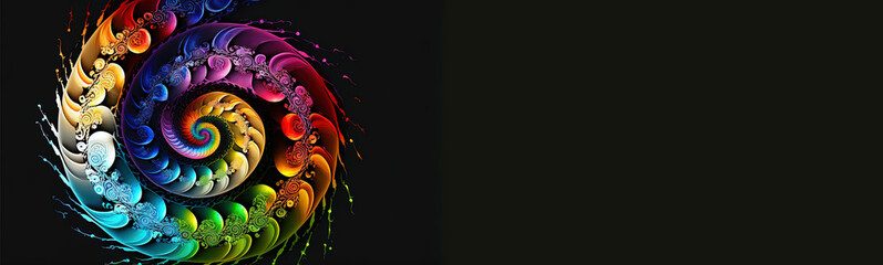 Wall Mural - Card with colorful spiral, fantasy color swirls on dark background, copy space with surreal fractal, light fractal, vortex, symbol. Generative Ai.