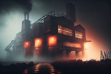 Canvas Print - industrial ruin with foggy mist and dramatic lighting, creating a spooky atmosphere, created with generative ai