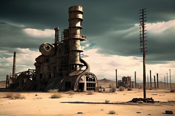 Poster - industrial ruin in a barren wasteland, with few landmarks and no signs of life, created with generative ai