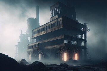 Poster - industrial ruin with foggy mist, creating a mysterious and otherworldly atmosphere, created with generative ai